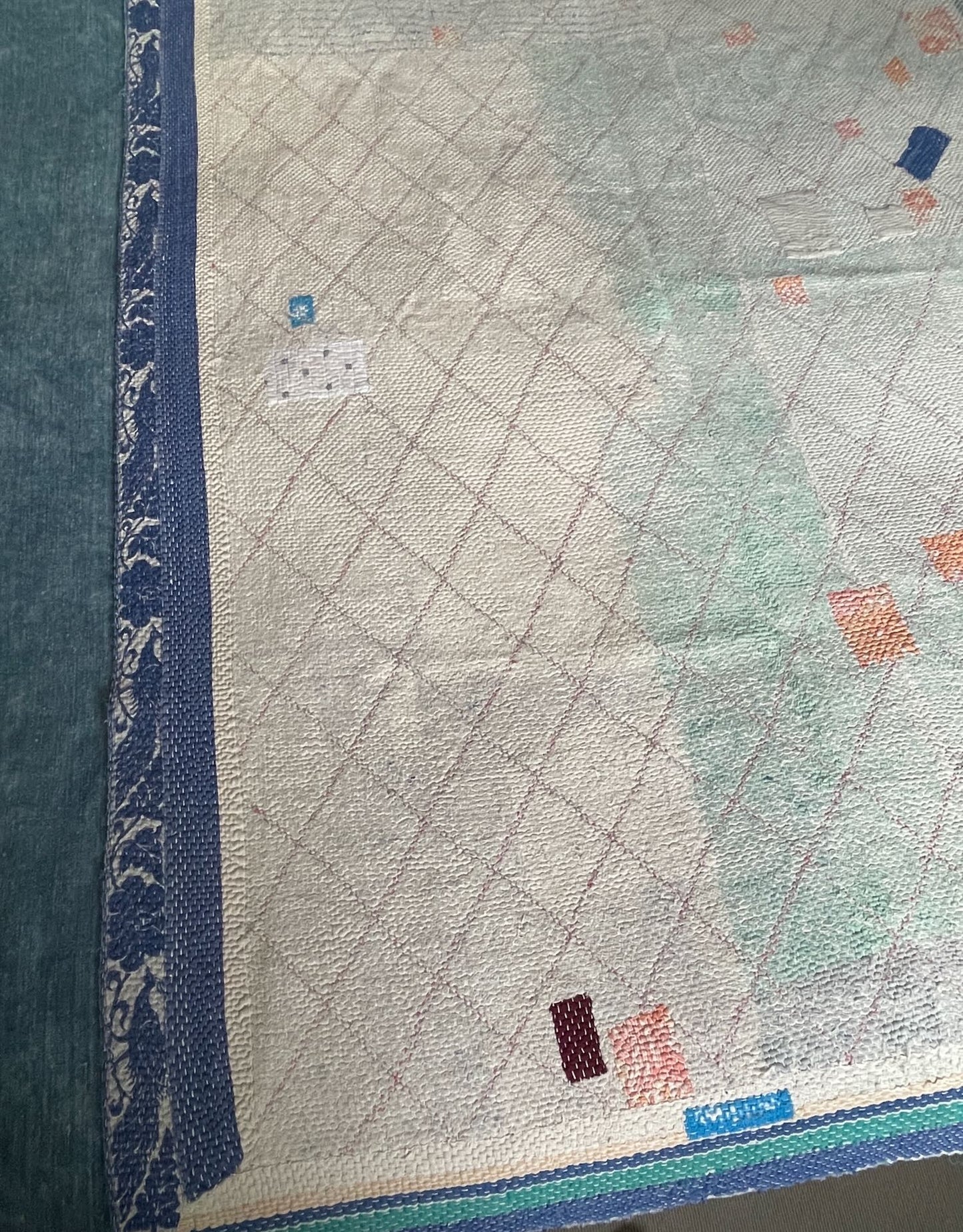 white blue green faded kantha quilt bedspread sofa throw comforter washable cotton single