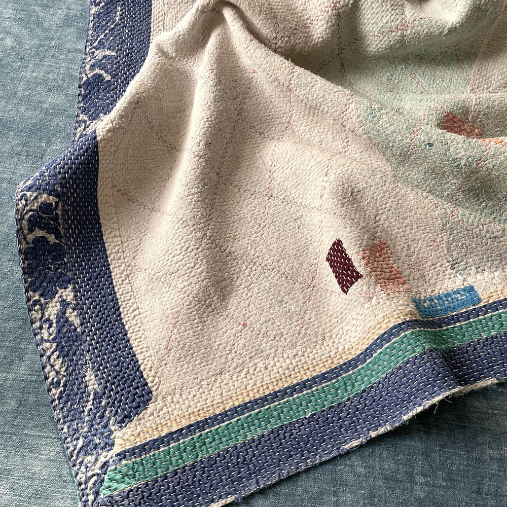 white blue green faded kantha quilt bedspread sofa throw comforter washable cotton single