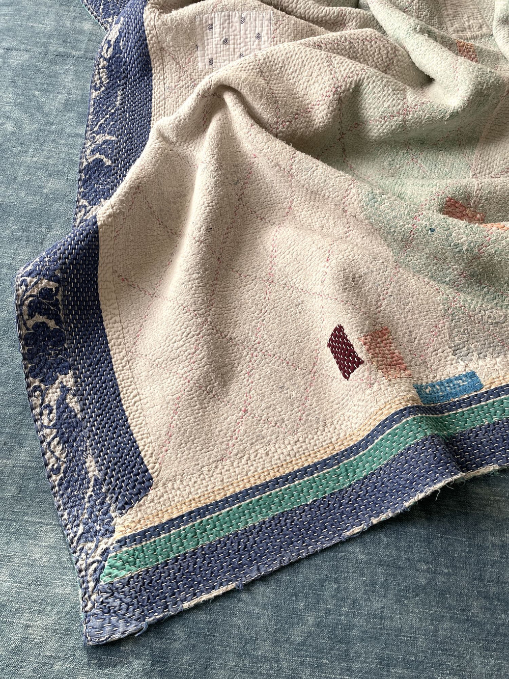 white blue green faded kantha quilt bedspread sofa throw comforter washable cotton single