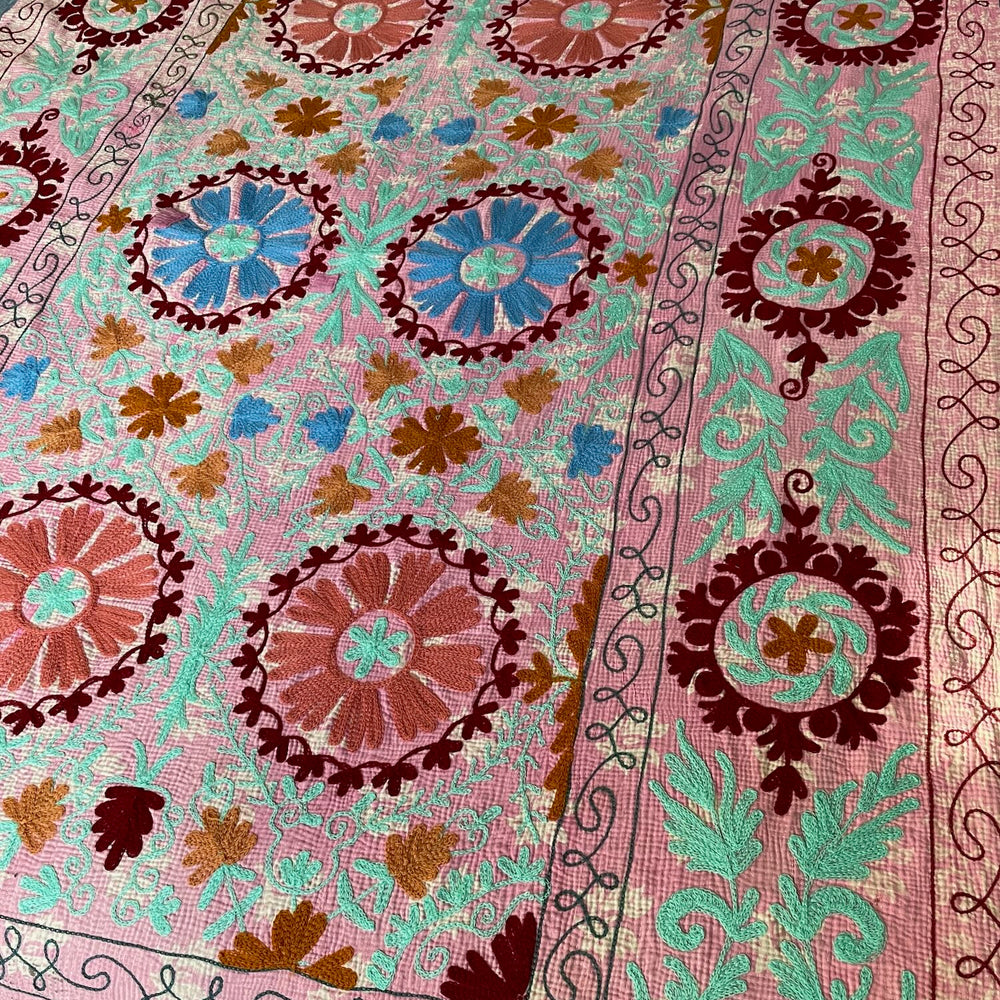 pink green blue orange suzani embroidered kantha quilt bedspread cotton sofa throw washable 