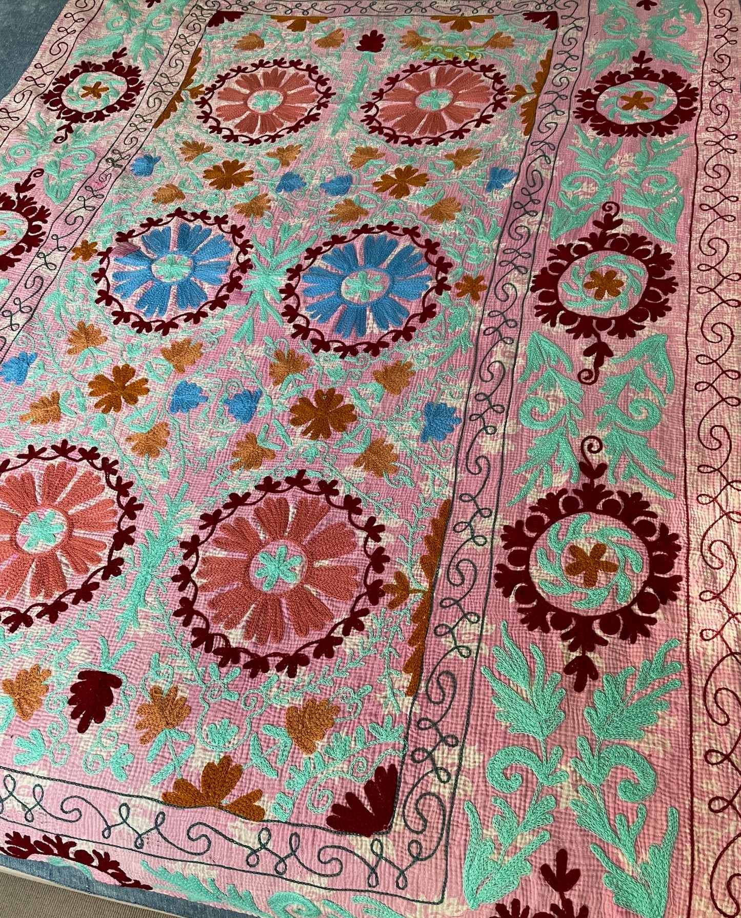 pink green blue orange suzani embroidered kantha quilt bedspread cotton sofa throw washable 