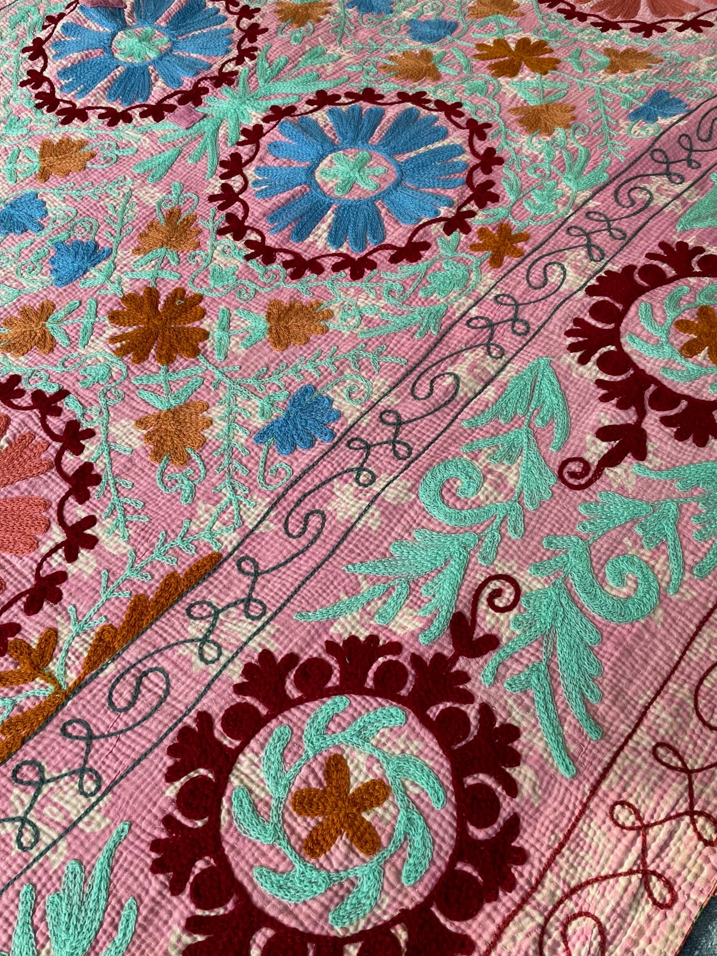 
                  
                    pink green blue orange suzani embroidered kantha quilt bedspread cotton sofa throw washable 
                  
                