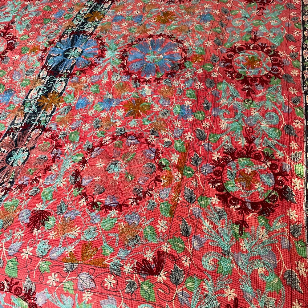 
                  
                    pink green blue orange suzani embroidered kantha quilt bedspread cotton sofa throw washable 
                  
                