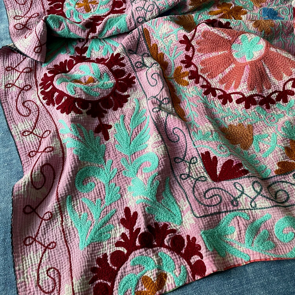 pink green blue orange suzani embroidered kantha quilt bedspread cotton sofa throw washable 