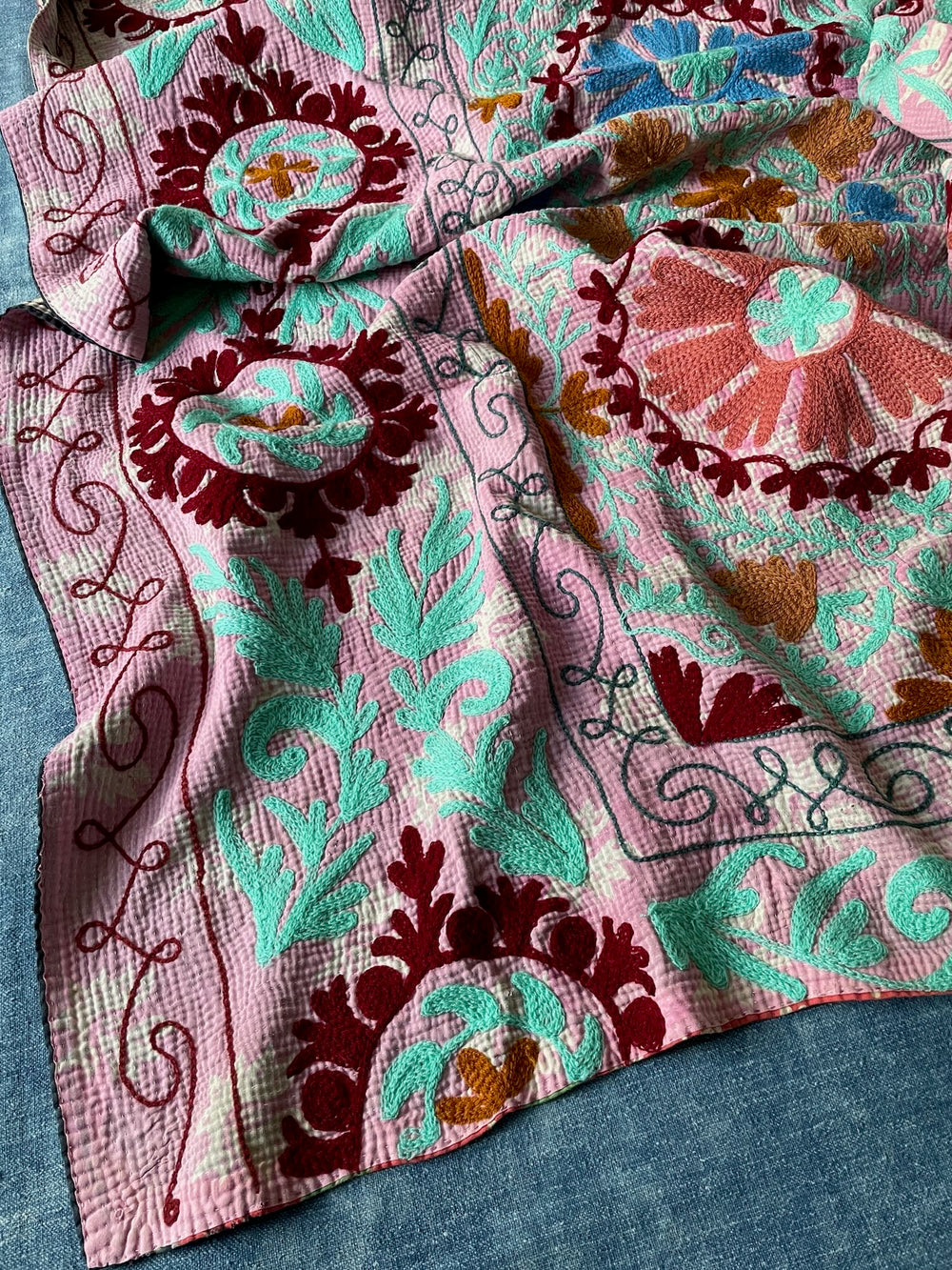 pink green blue orange suzani embroidered kantha quilt bedspread cotton sofa throw washable 