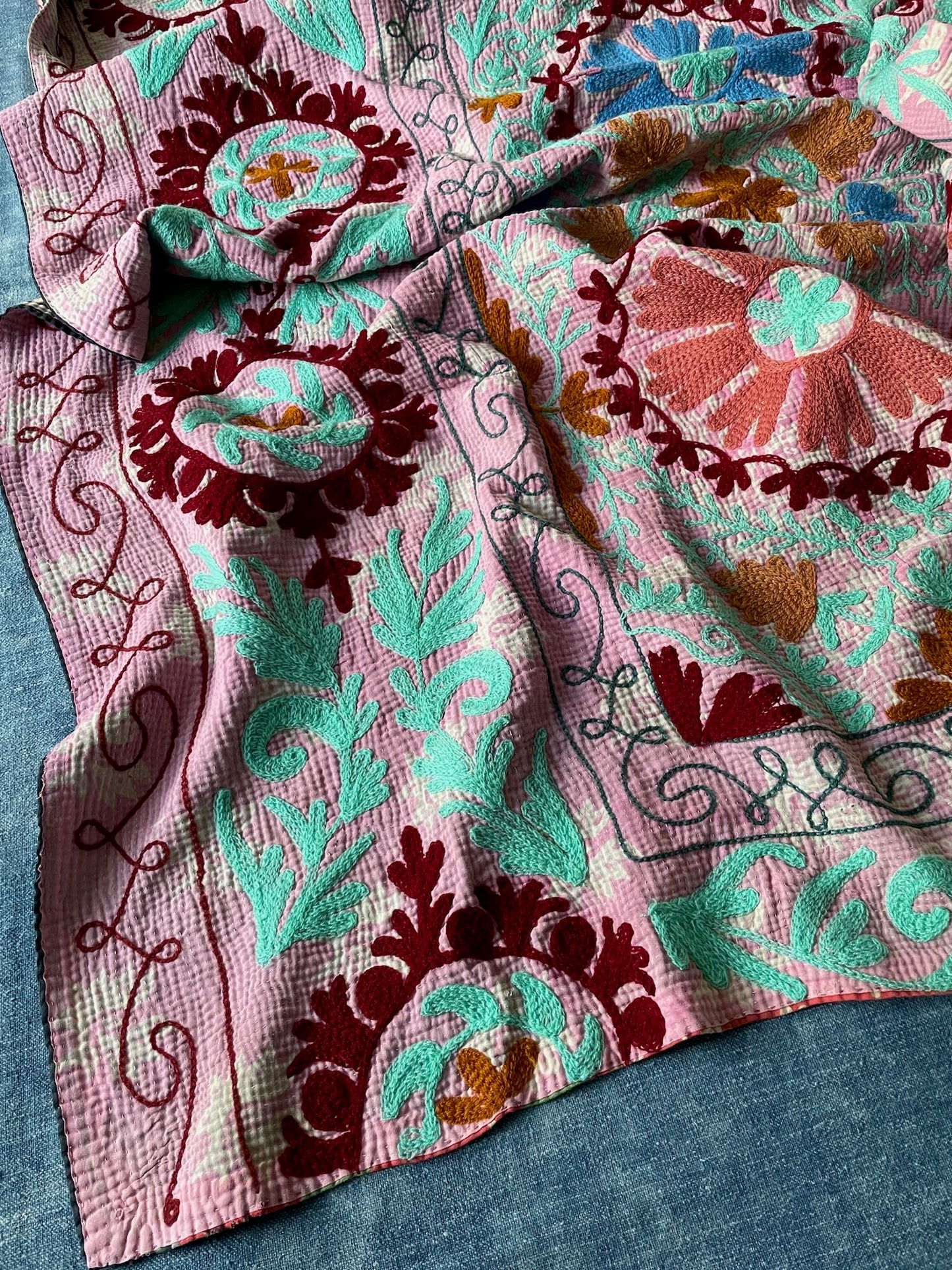 pink green blue orange suzani embroidered kantha quilt bedspread cotton sofa throw washable 
