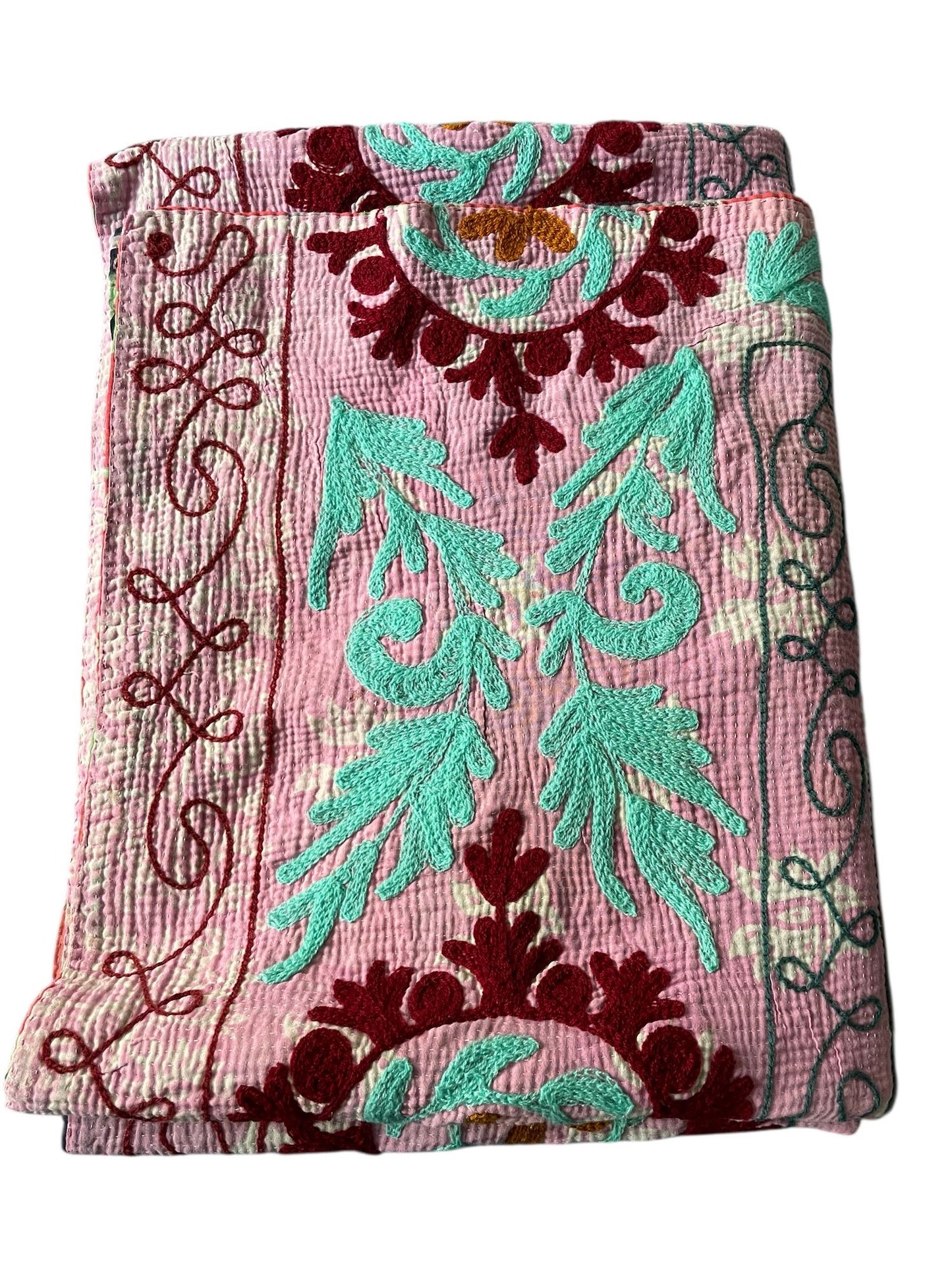 
                  
                    pink green blue orange suzani embroidered kantha quilt bedspread cotton sofa throw washable 
                  
                