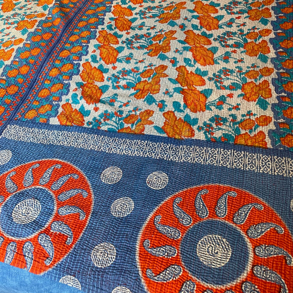 
                  
                    orange green blue patterned quilt kantha bedspread sofa throw hand stitched comforter washable 
                  
                