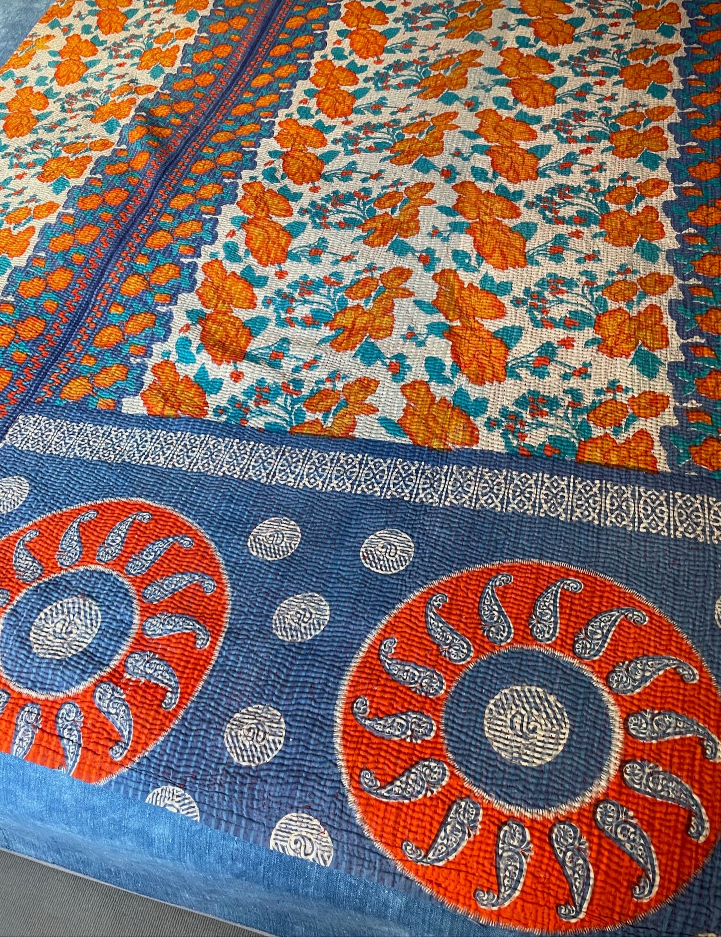 
                  
                    orange green blue patterned quilt kantha bedspread sofa throw hand stitched comforter washable 
                  
                