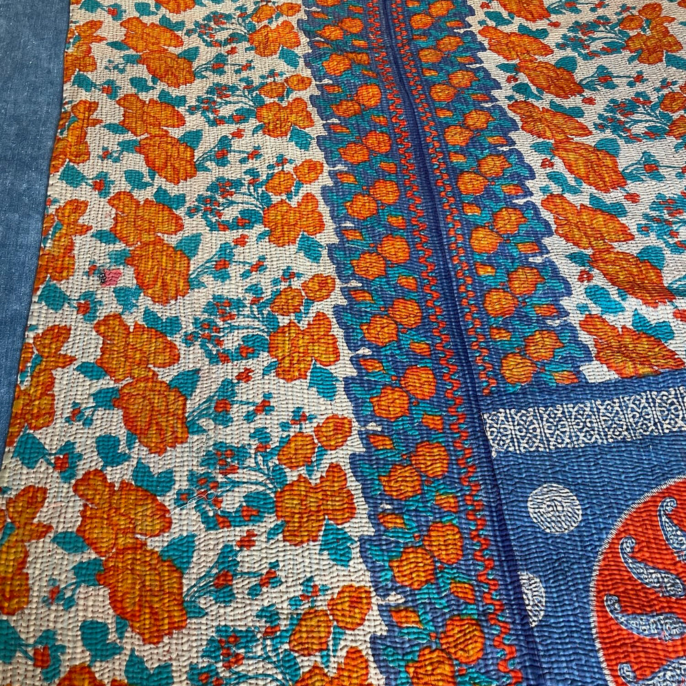 
                  
                    orange green blue patterned quilt kantha bedspread sofa throw hand stitched comforter washable 
                  
                