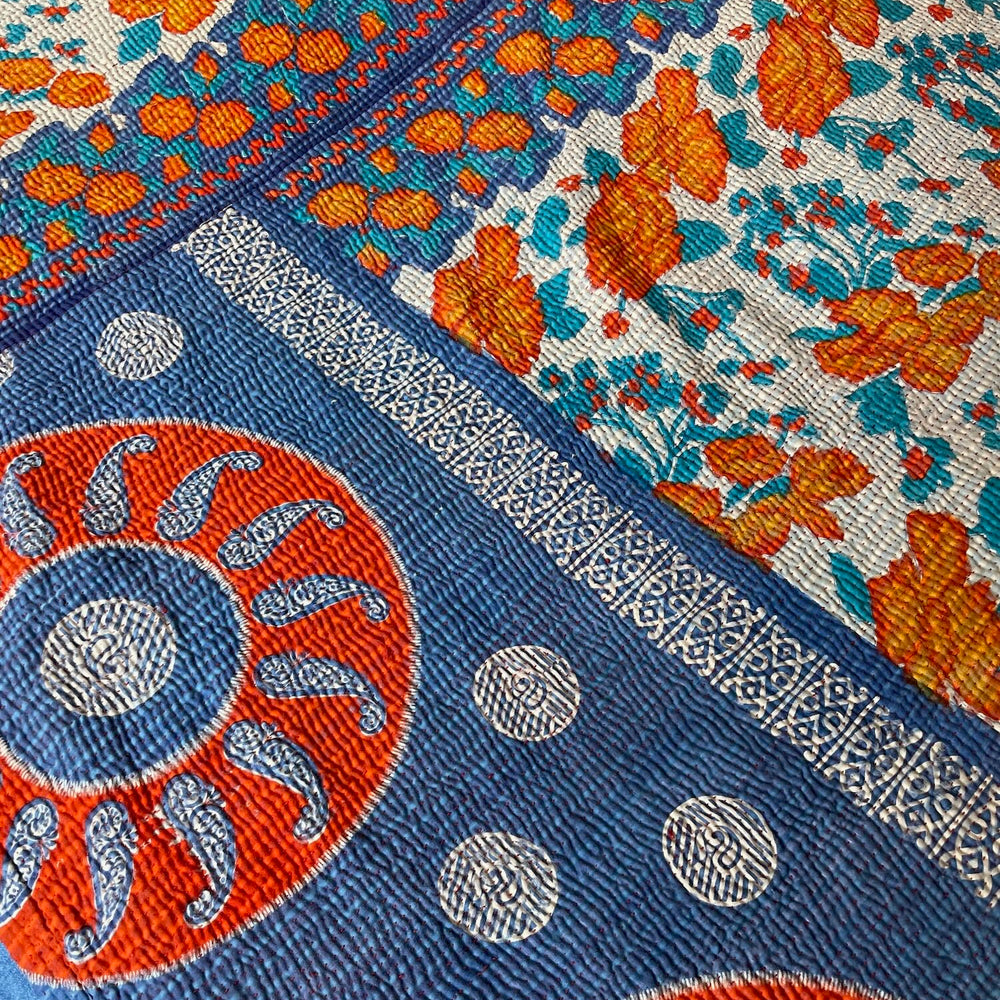 
                  
                    orange green blue patterned quilt kantha bedspread sofa throw hand stitched comforter washable 
                  
                