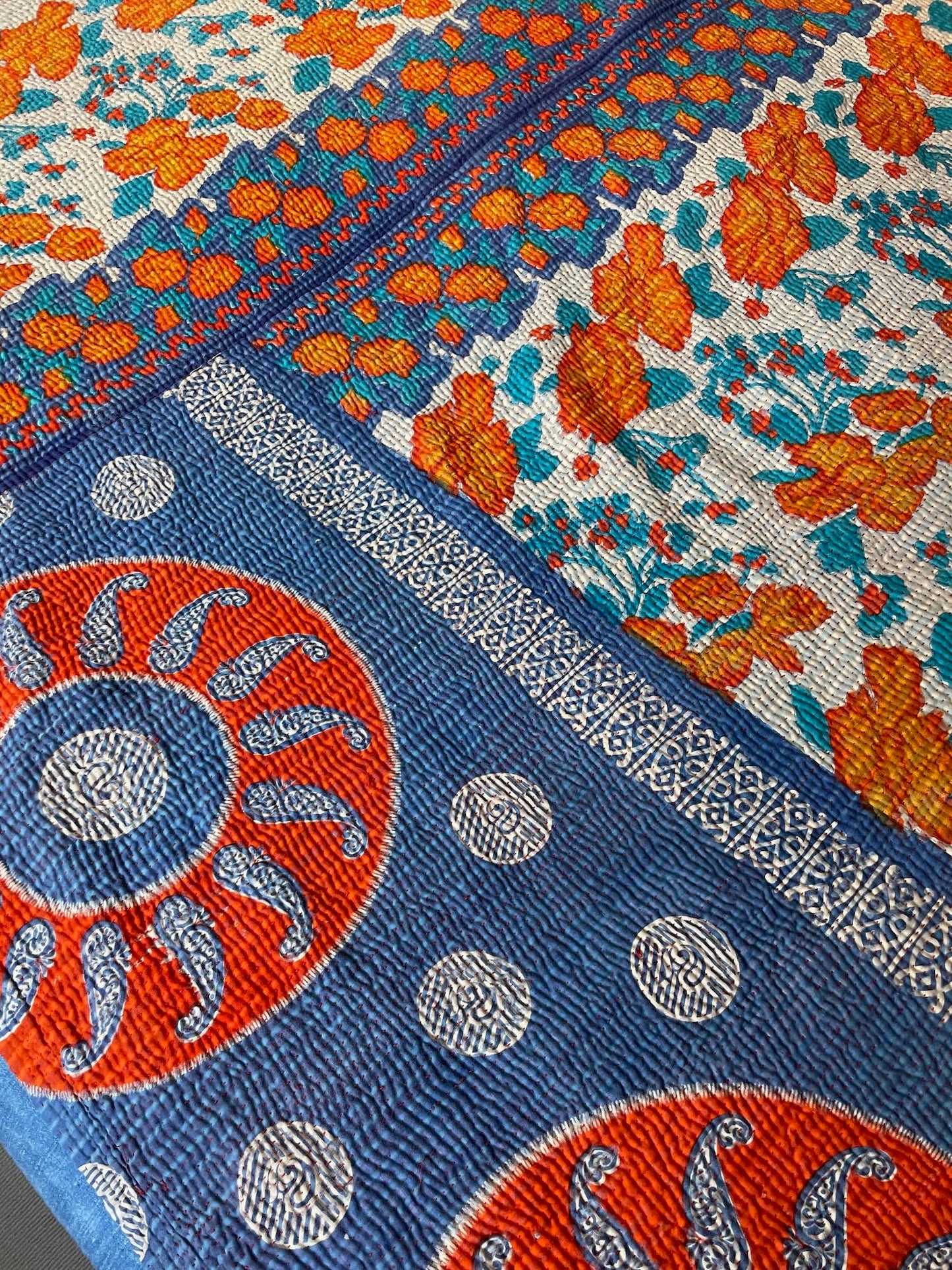 
                  
                    orange green blue patterned quilt kantha bedspread sofa throw hand stitched comforter washable 
                  
                