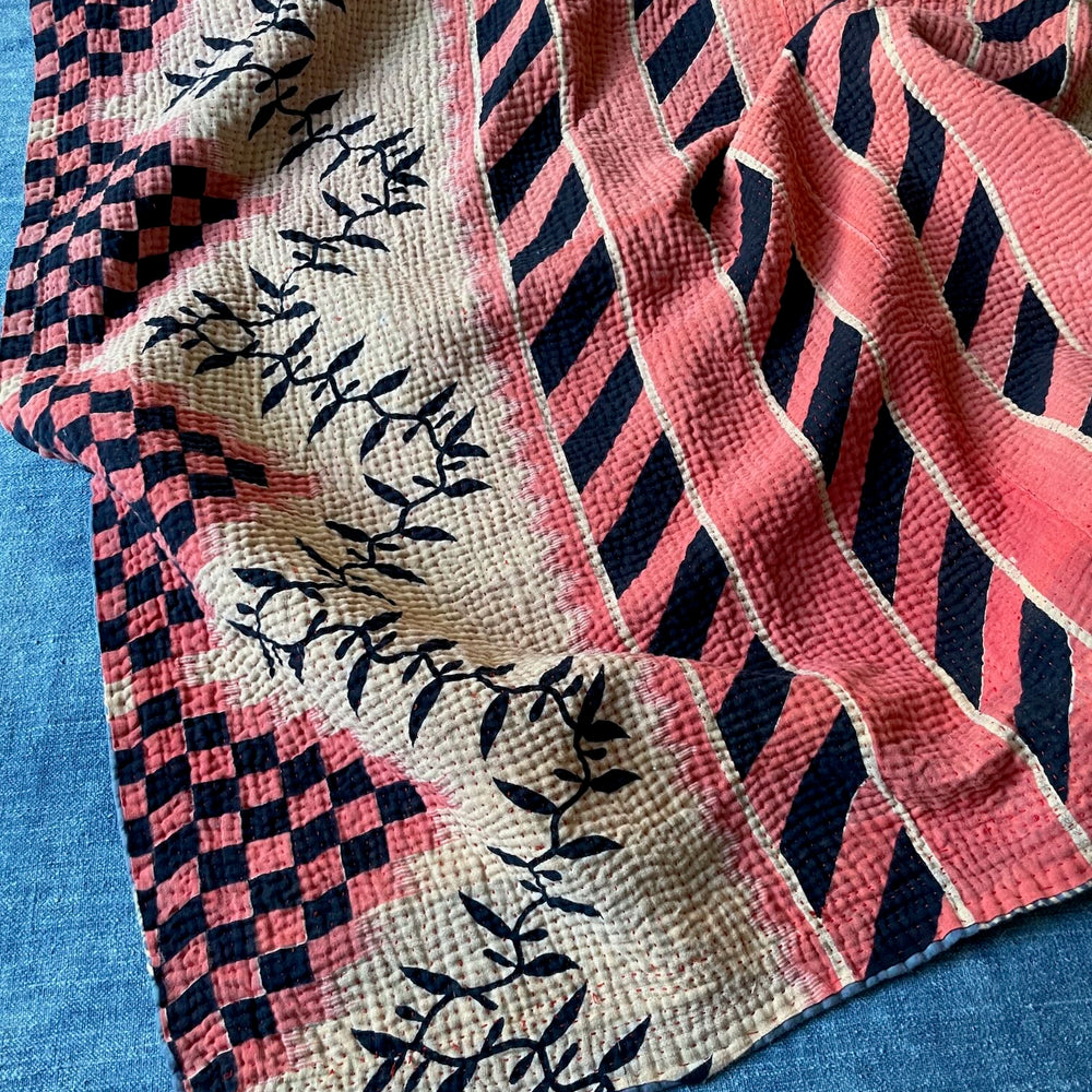 red black patterned quilt kantha bedspread sofa throw hand stitched comforter washable double