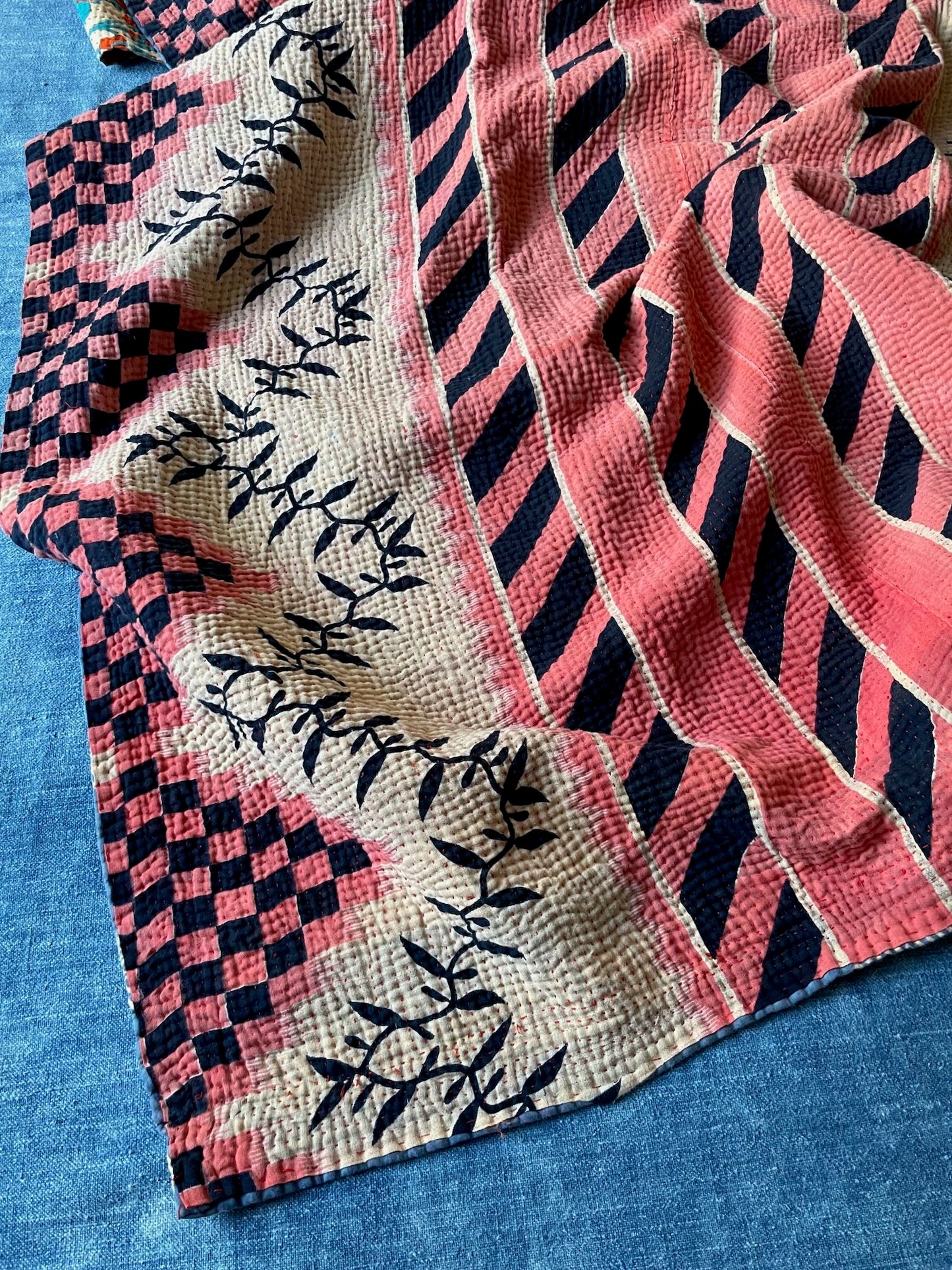 red black patterned quilt kantha bedspread sofa throw hand stitched comforter washable double