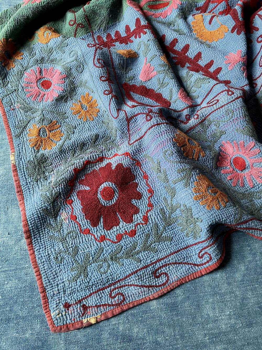 blue green red pink orange suzani kantha bedspread quilt cotton comforter single  double  washable