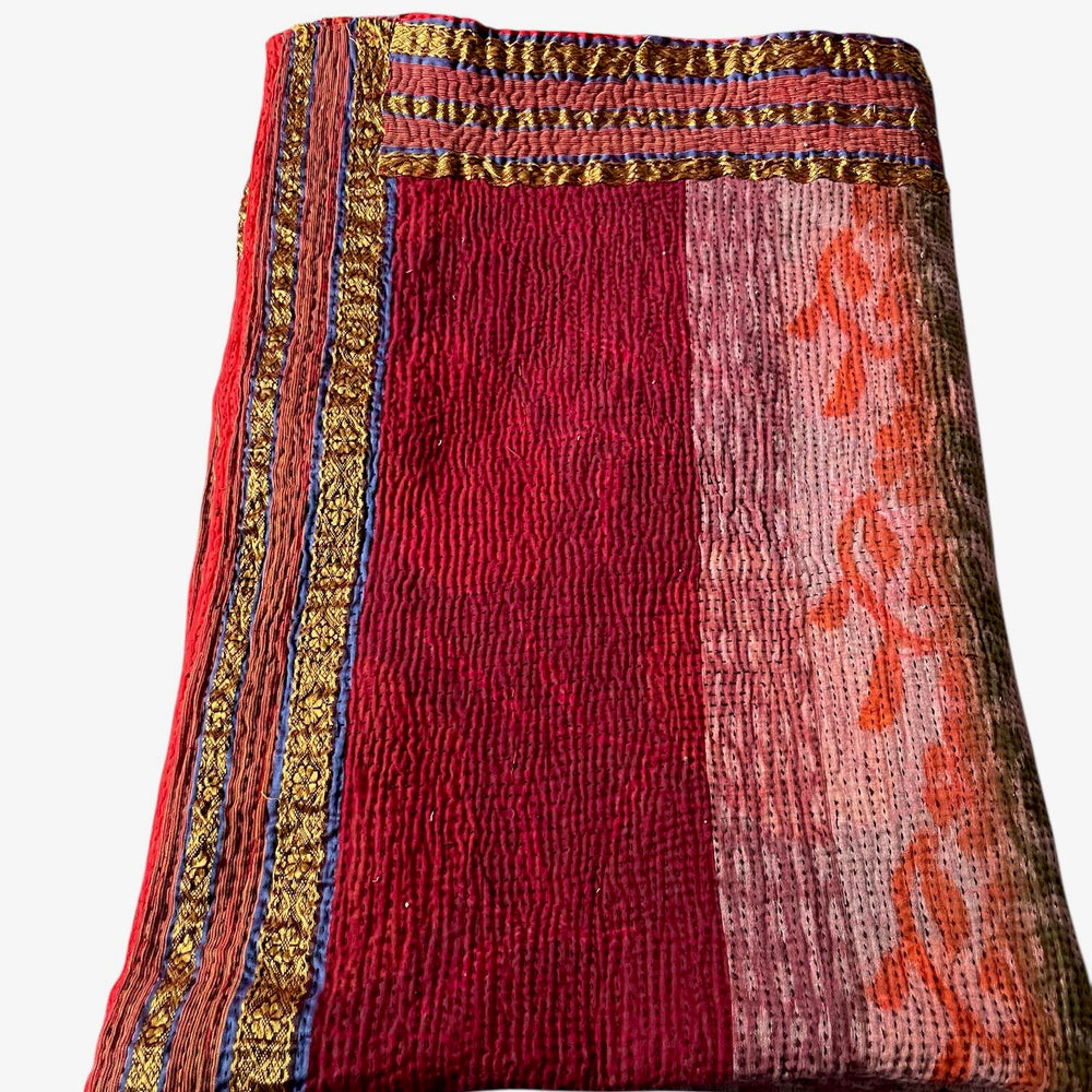
                  
                    red pink gold orange large kantha bedspread quilt cotton comforter super king  double washable 
                  
                