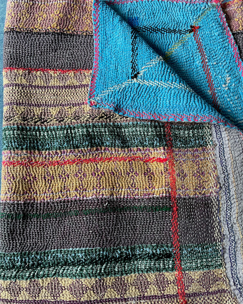 striped blue orange green kantha quilt sofa throw small comforter hand stitched cotton blanket 