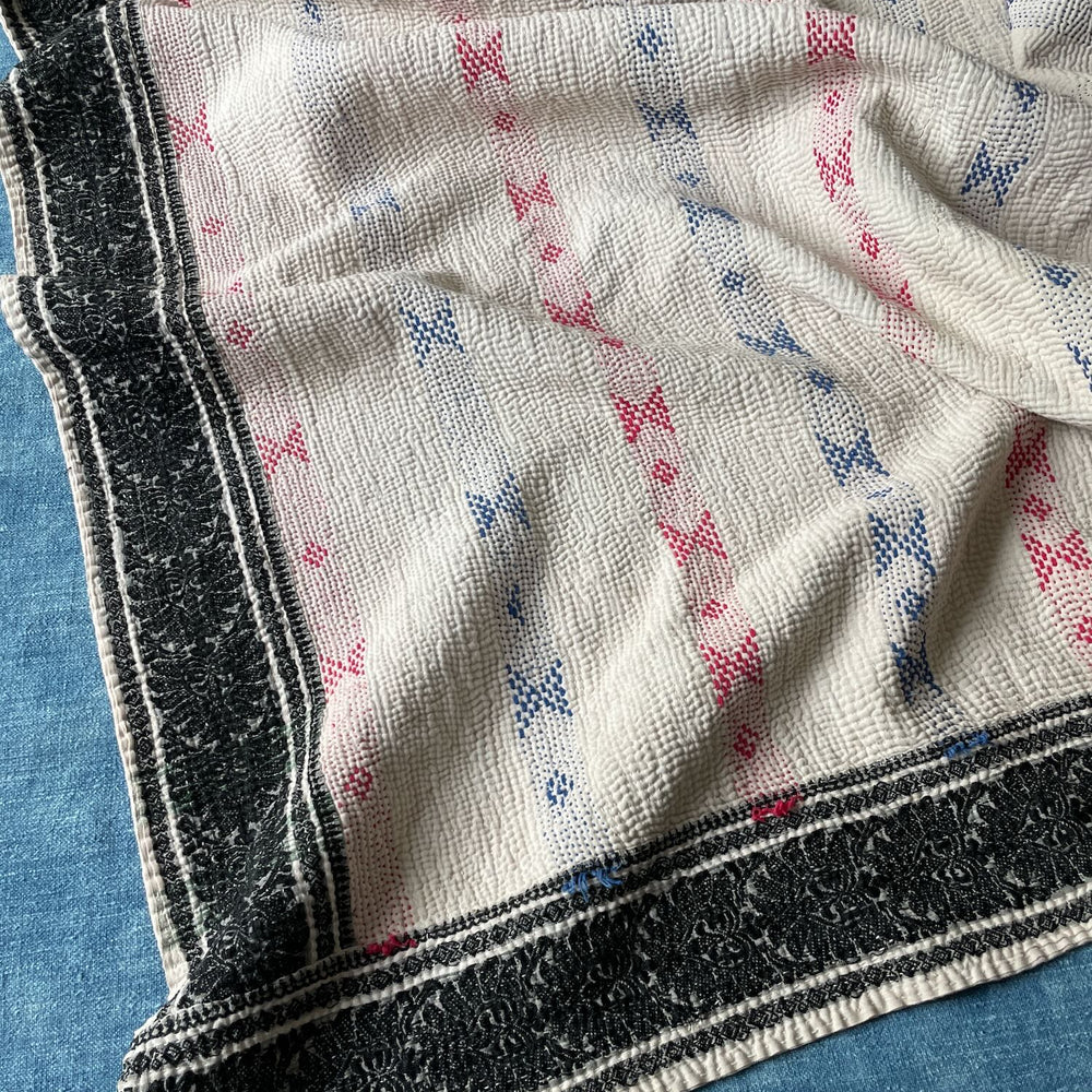 white red blue embroidered kantha quilt bedspread cotton comforter sofa throw washable