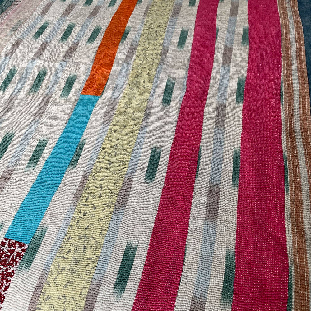 pink orange white striped patchwork kantha quilt sofa throw single small cotton washable 
