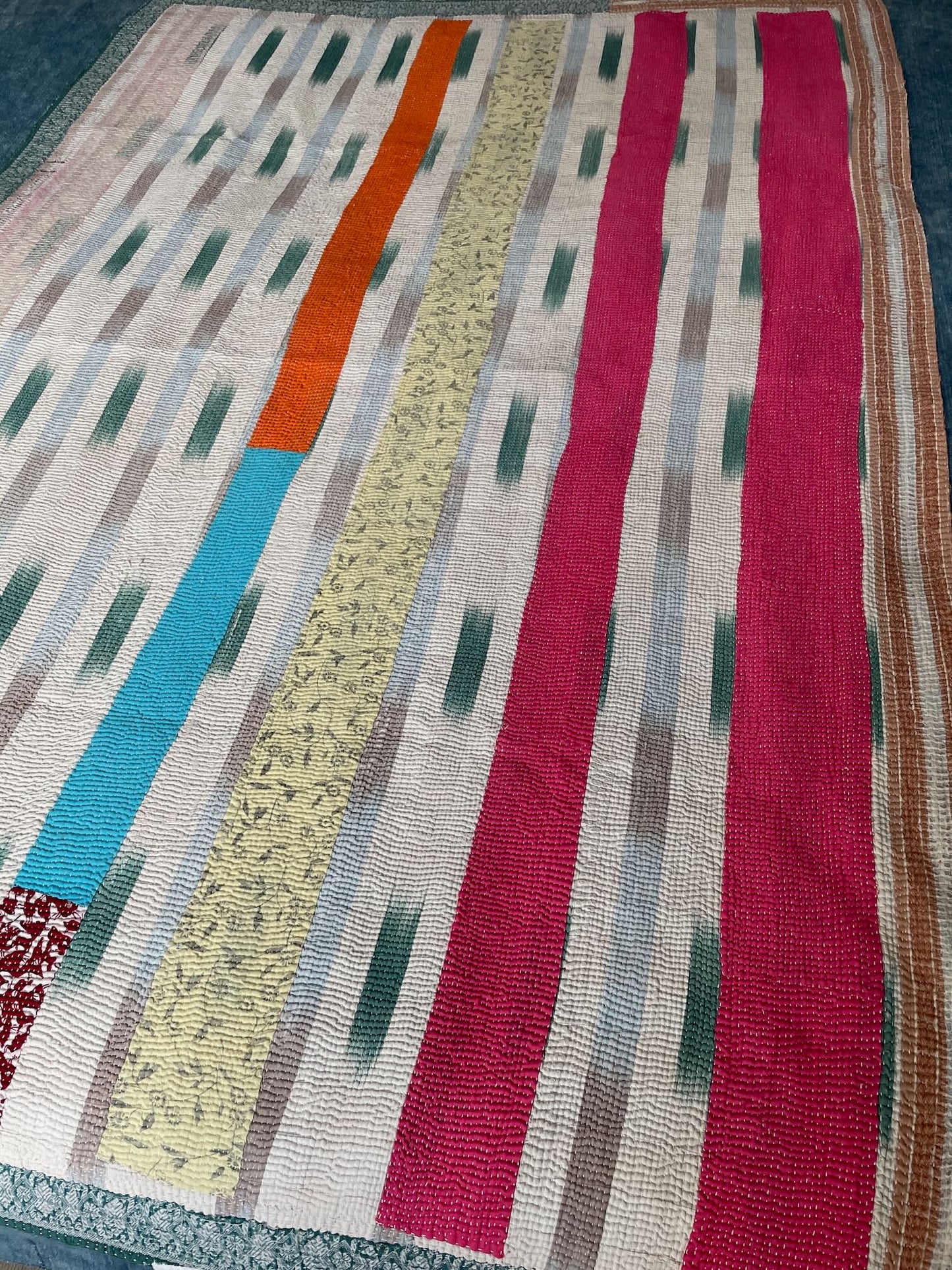 pink orange white striped patchwork kantha quilt sofa throw single small cotton washable 