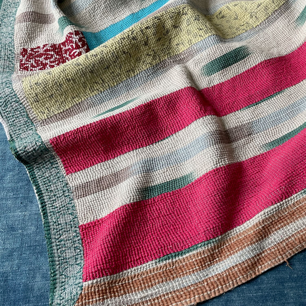 pink orange white striped patchwork kantha quilt sofa throw single small cotton washable 