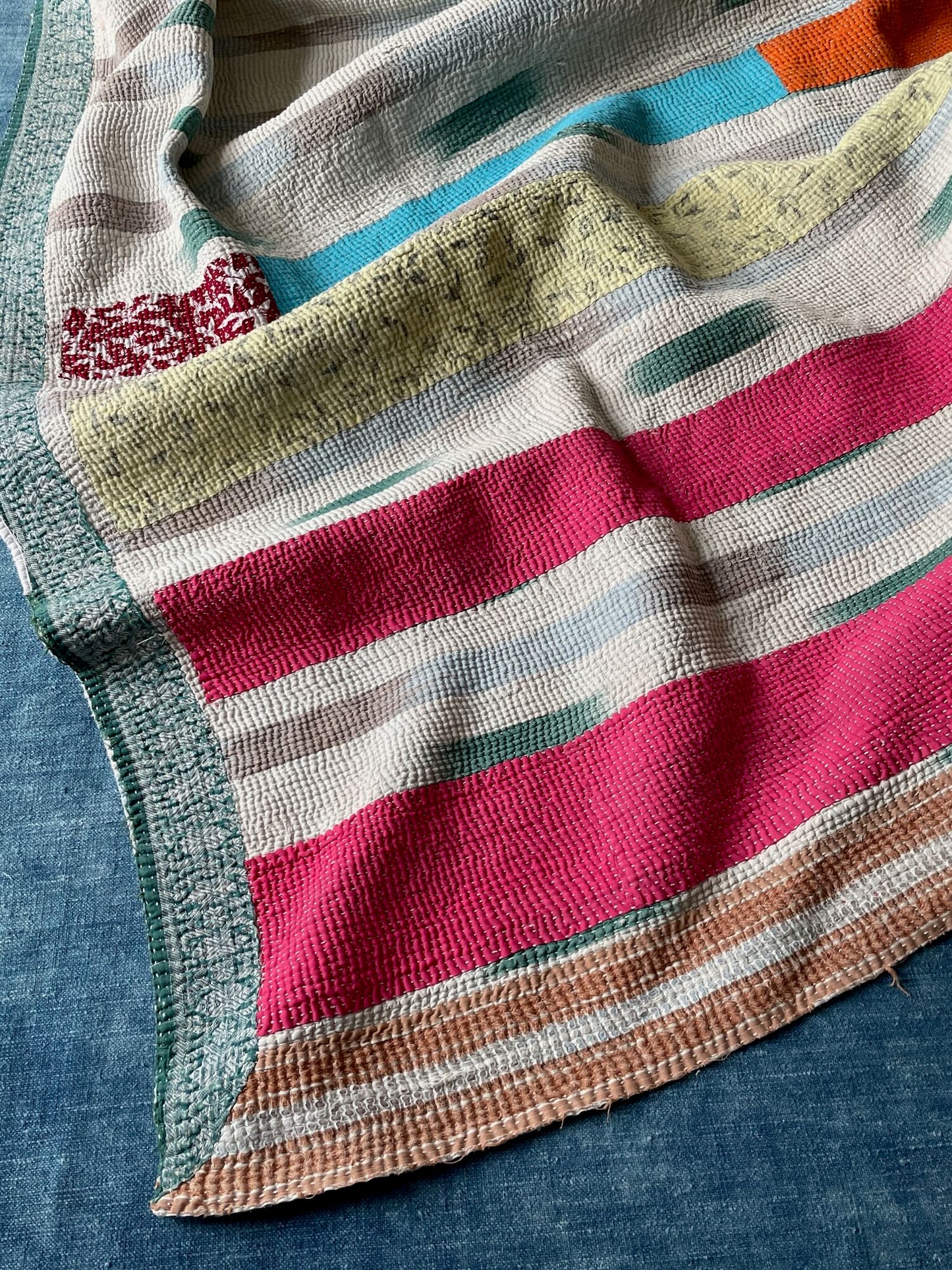 pink orange white striped patchwork kantha quilt sofa throw single small cotton washable 