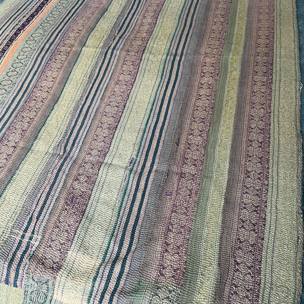 blue green teal striped patchwork kantha quilt sofa throw single bedspread cotton comforter 