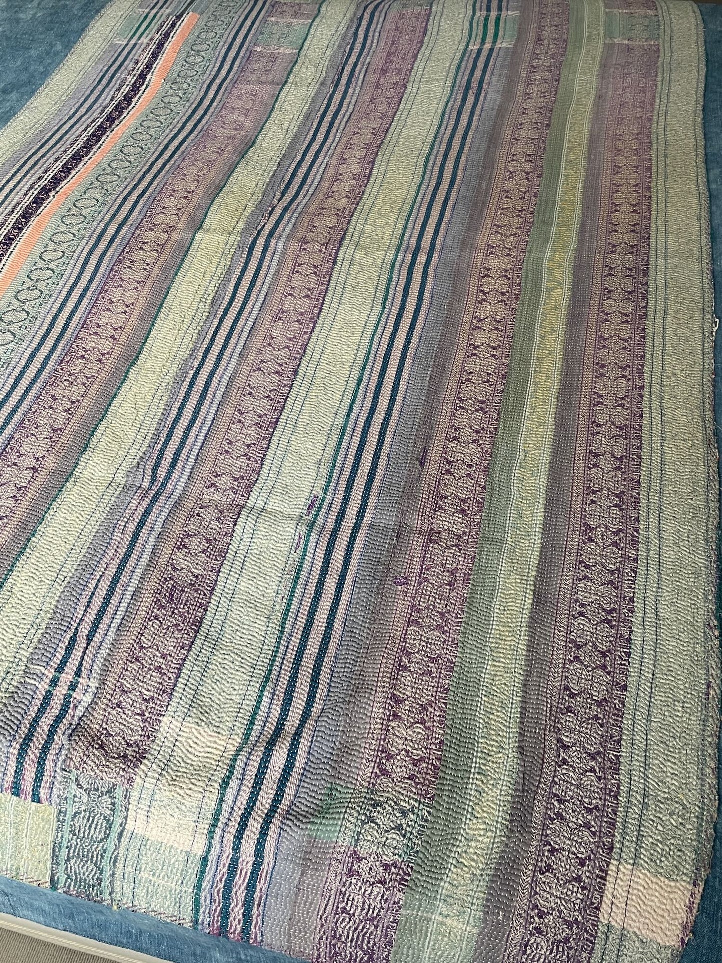 blue green teal striped patchwork kantha quilt sofa throw single bedspread cotton comforter 