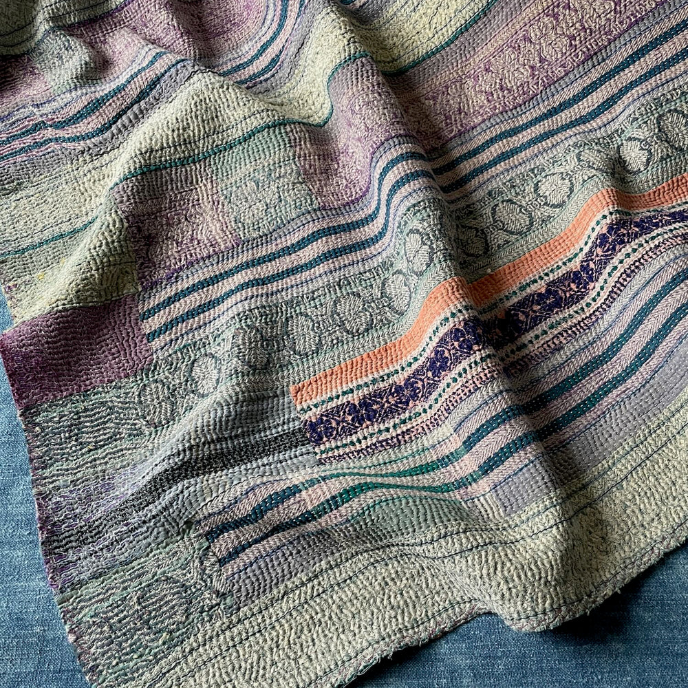 blue green teal striped patchwork kantha quilt sofa throw single bedspread cotton comforter 