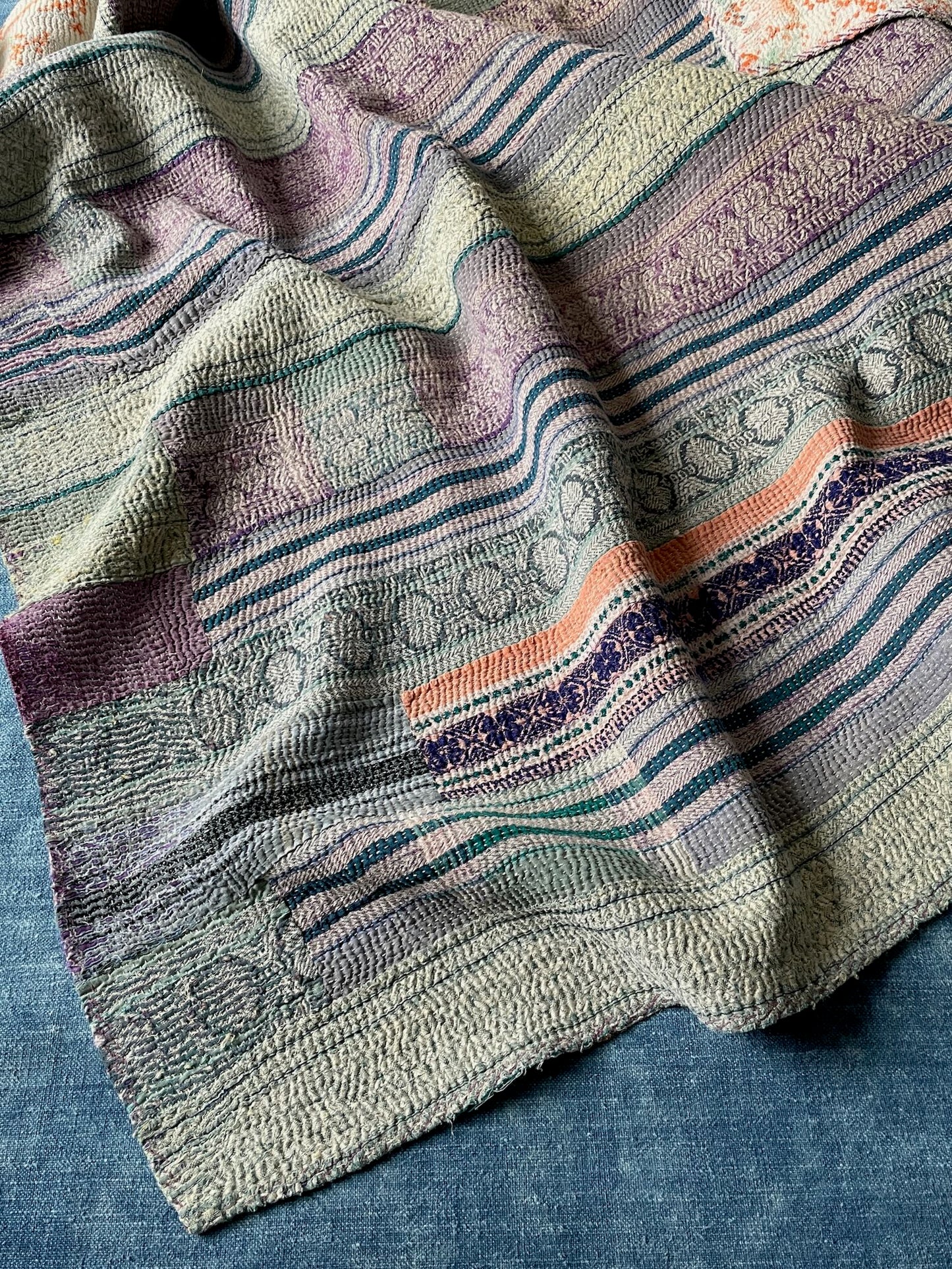 blue green teal striped patchwork kantha quilt sofa throw single bedspread cotton comforter 