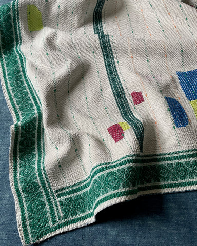 white kantha quilt sofa throw green trim hand stitched vintage indian blanket comforter washable