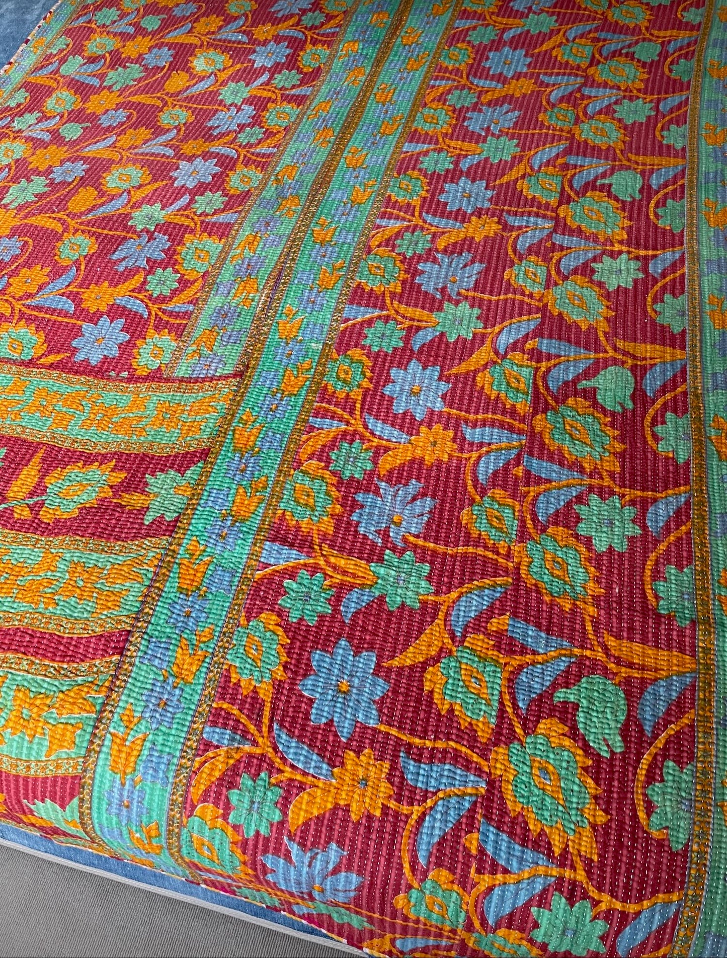 red green blue orange kantha patterned bedspread quilt cotton washable large floral sofa throw