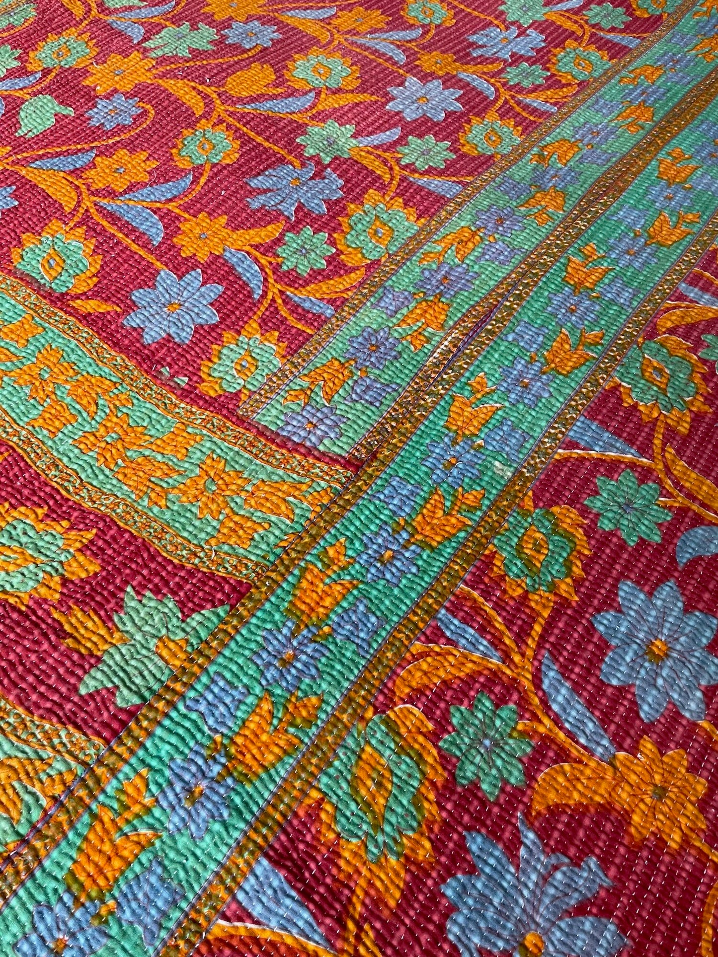 
                  
                    red green blue orange kantha patterned bedspread quilt cotton washable large floral sofa throw
                  
                