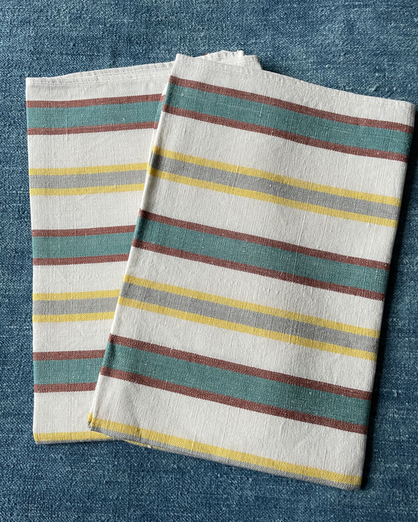 blue yellow white stripe tea towel dishcloth drying up cloth vintage french linen kitchen towel