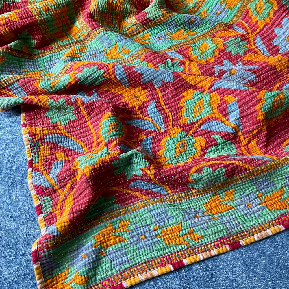 red green blue orange kantha patterned bedspread quilt cotton washable large floral sofa throw