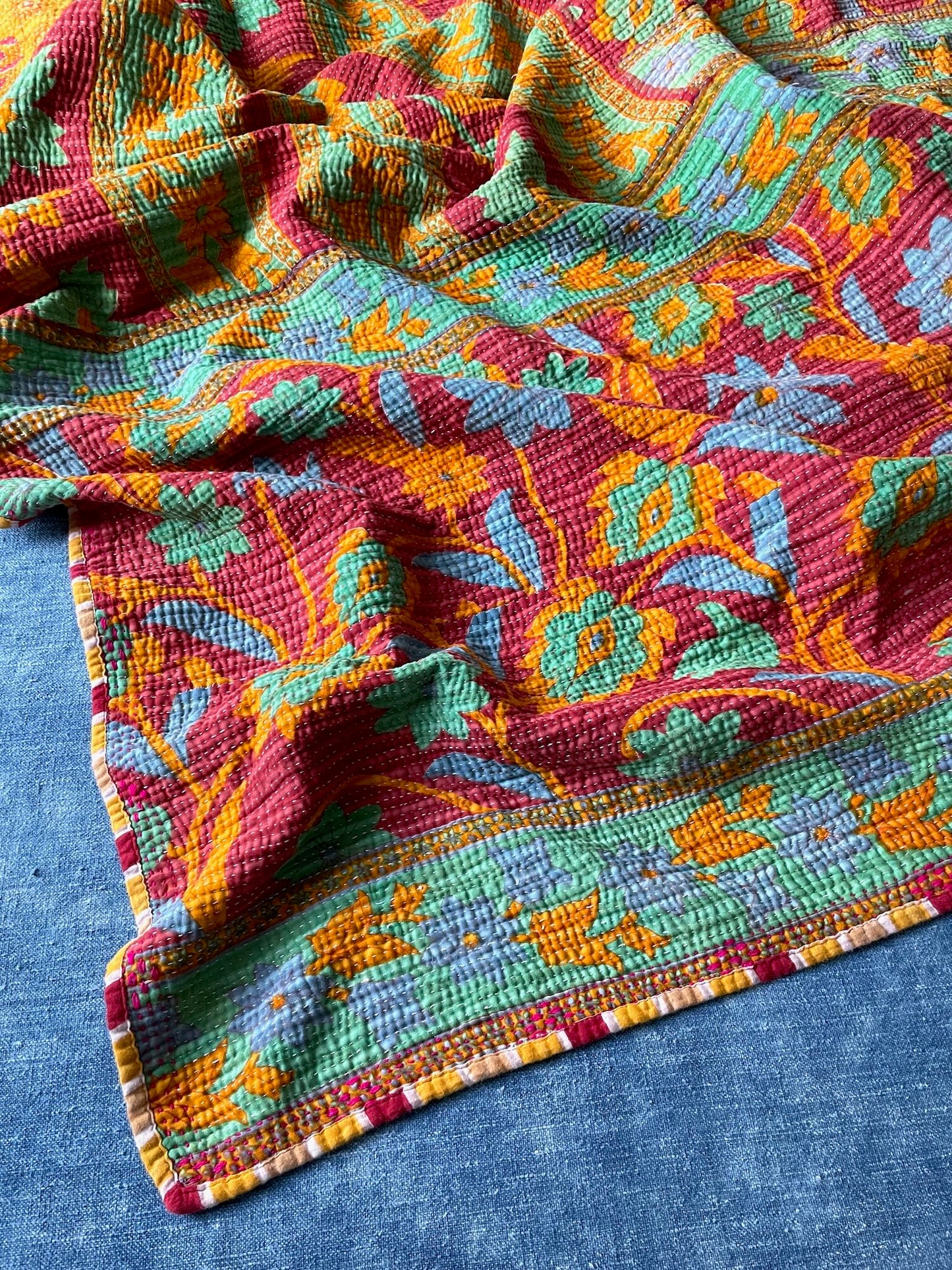 red green blue orange kantha patterned bedspread quilt cotton washable large floral sofa throw