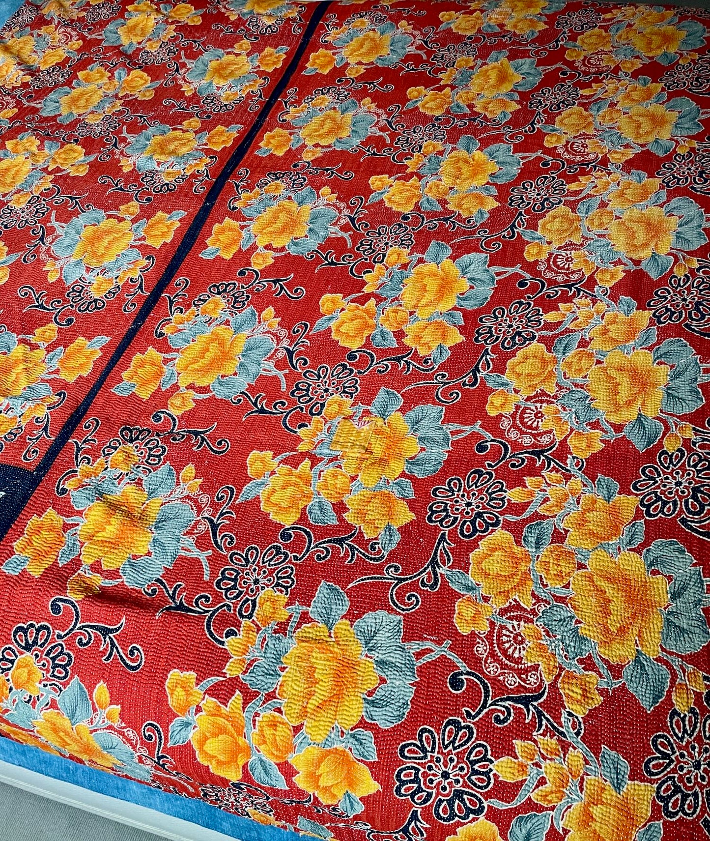 red orange grey floral kantha quilt bedspread cotton sari comforter hand made large double throw