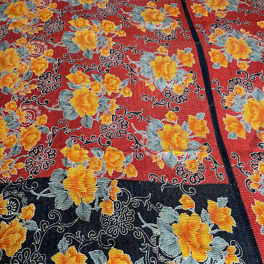 
                  
                    red orange grey floral kantha quilt bedspread cotton sari comforter hand made large double throw
                  
                