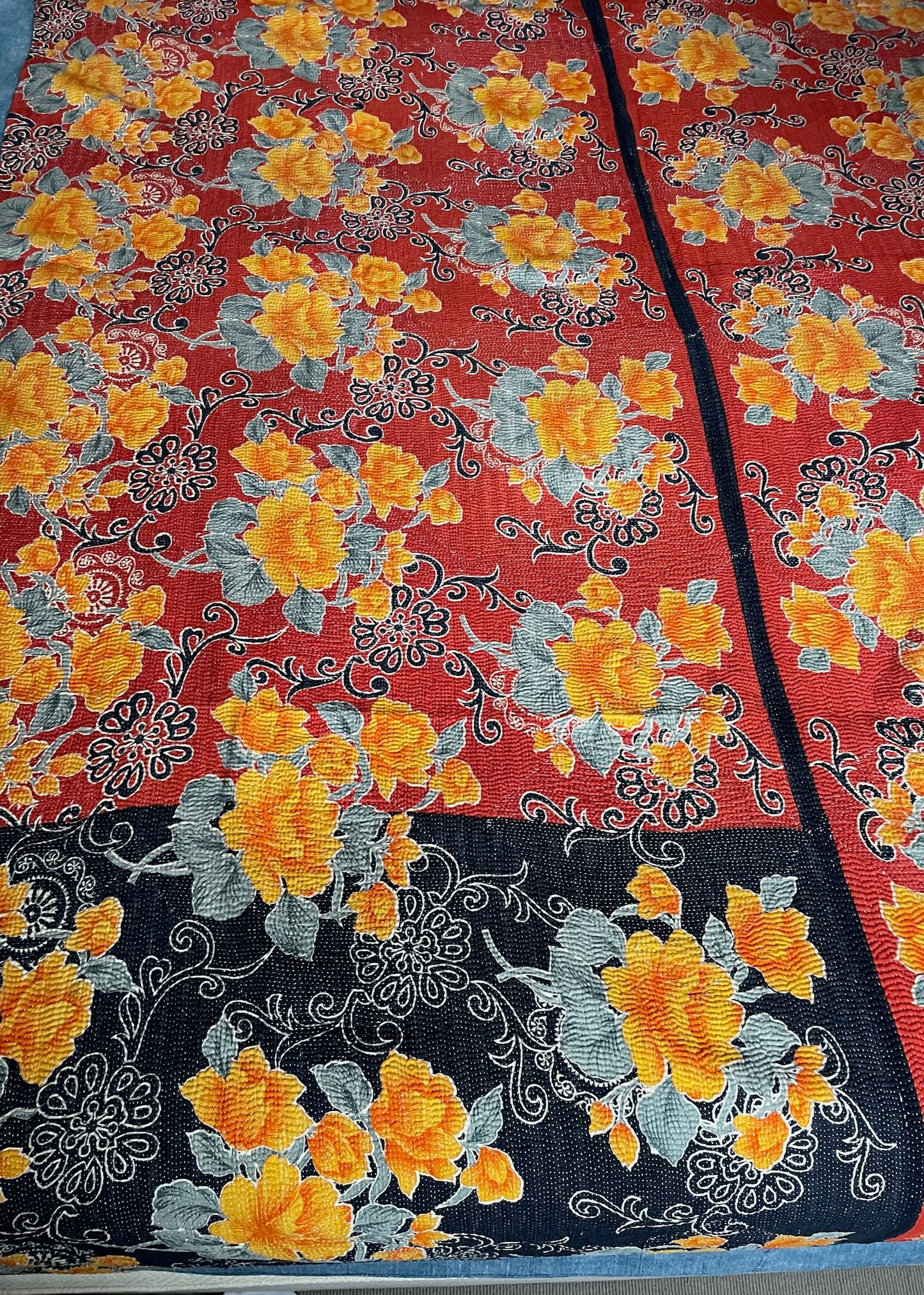 
                  
                    red orange grey floral kantha quilt bedspread cotton sari comforter hand made large double throw
                  
                