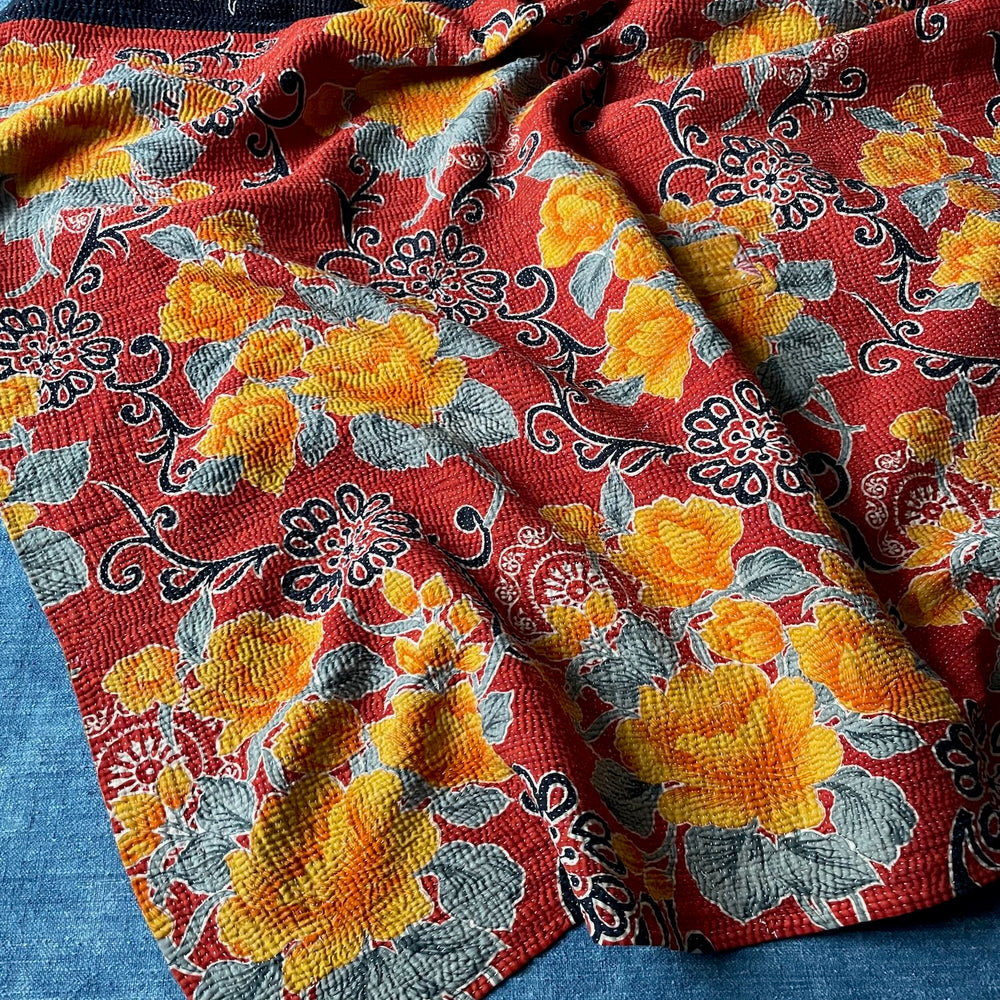 red orange grey floral kantha quilt bedspread cotton sari comforter hand made large double throw