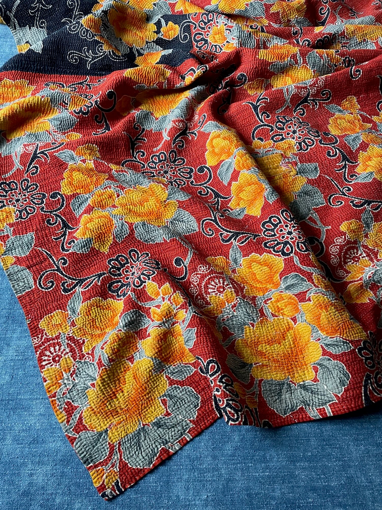 red orange grey floral kantha quilt bedspread cotton sari comforter hand made large double throw