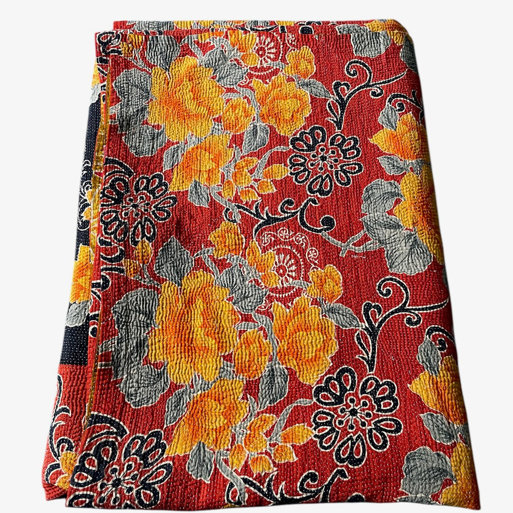 
                  
                    red orange grey floral kantha quilt bedspread cotton sari comforter hand made large double throw
                  
                