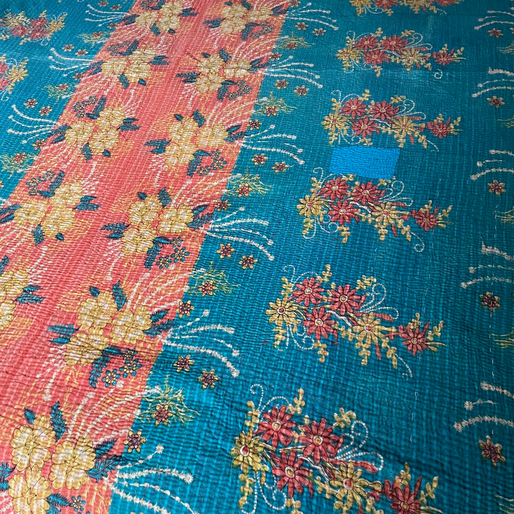 turquoise blue coral floral patterned kantha quilt bedspread sofa throw comforter large washable