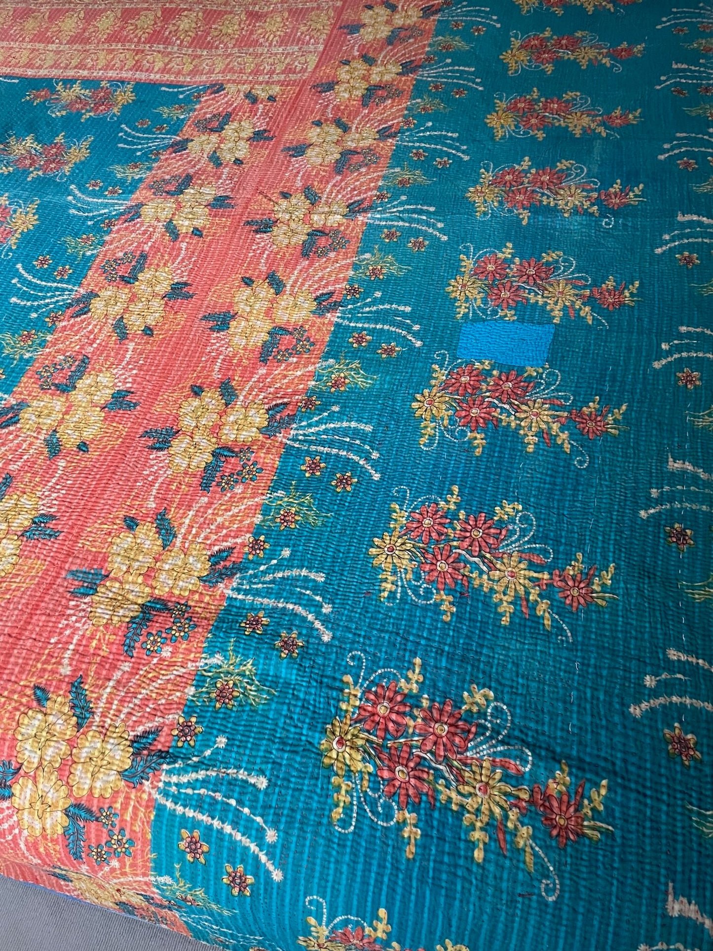 turquoise blue coral floral patterned kantha quilt bedspread sofa throw comforter large washable