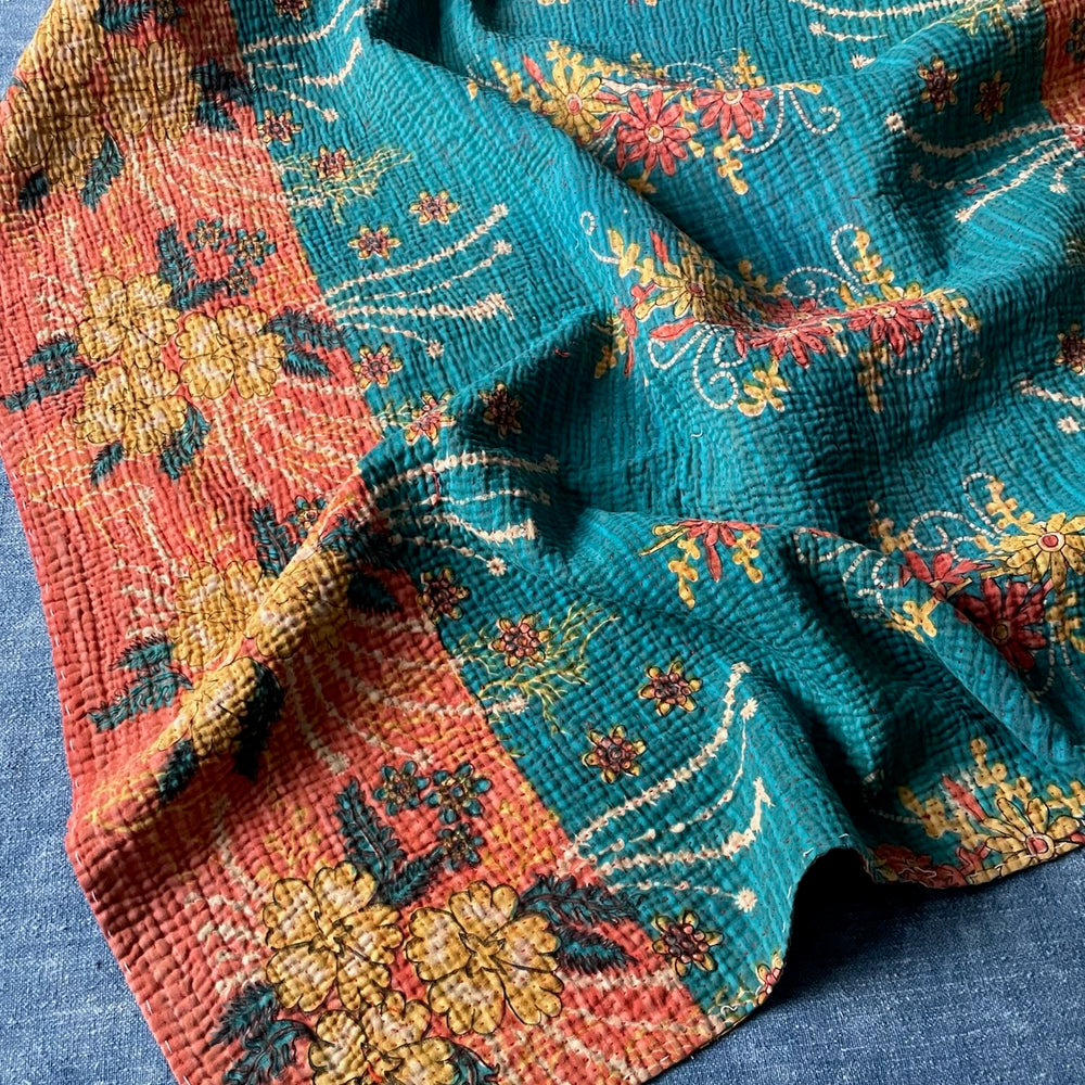 turquoise blue coral floral patterned kantha quilt bedspread sofa throw comforter large washable