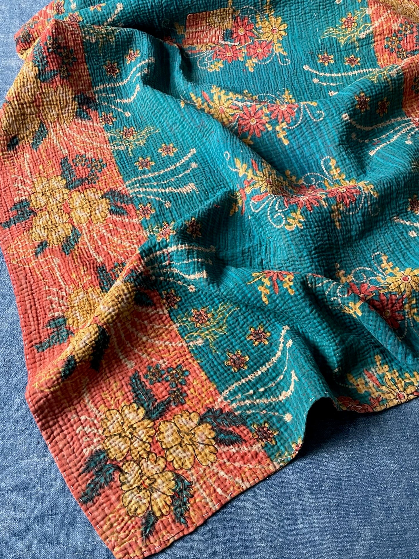 turquoise blue coral floral patterned kantha quilt bedspread sofa throw comforter large washable