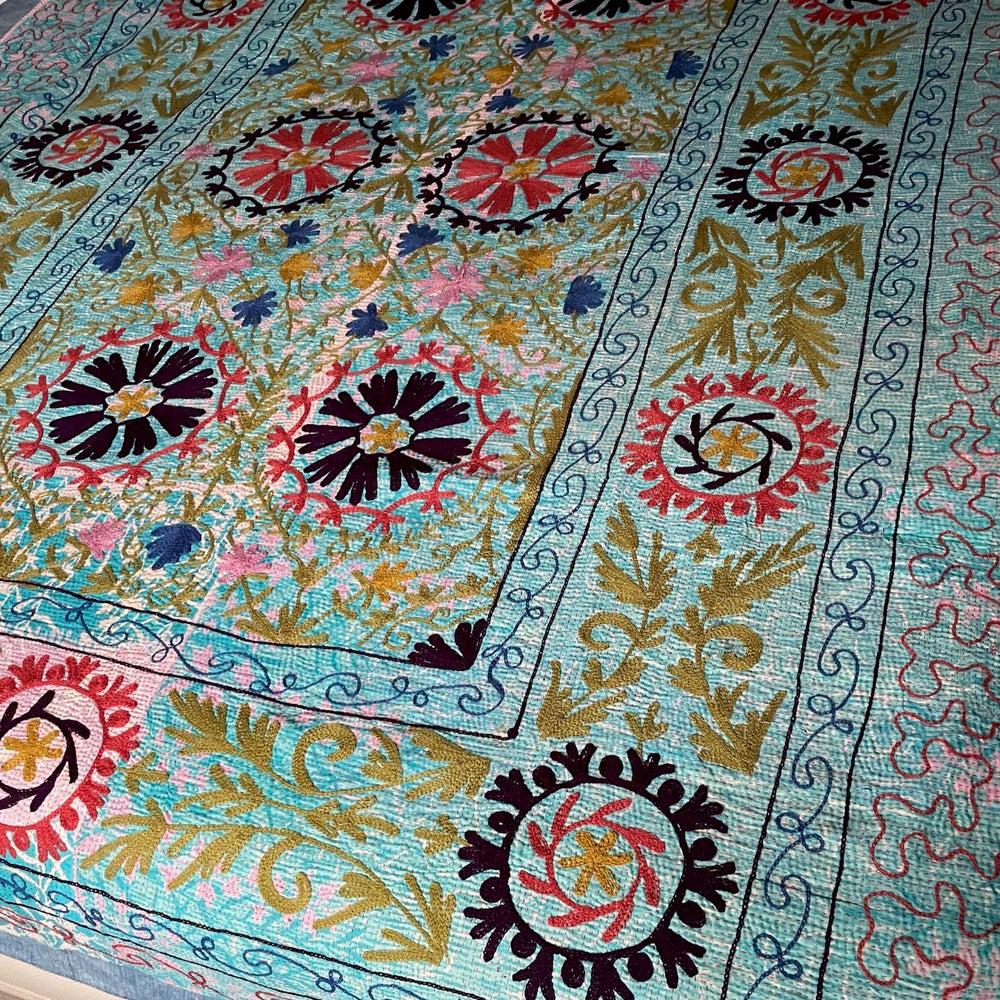 pink blue suzani embroidered kantha quilt large sofa throw washable cotton comforter bedspread