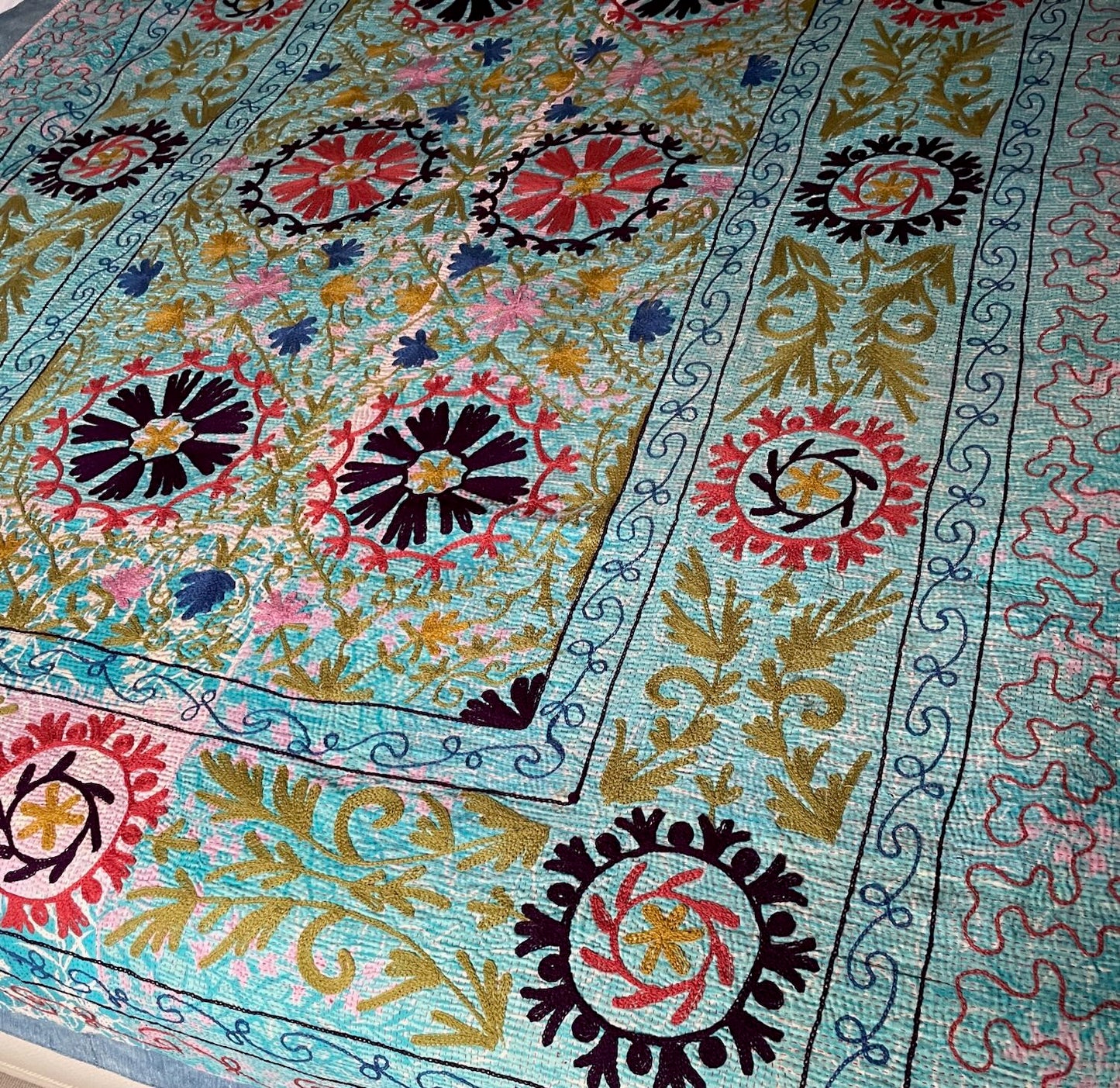 pink blue suzani embroidered kantha quilt large sofa throw washable cotton comforter bedspread