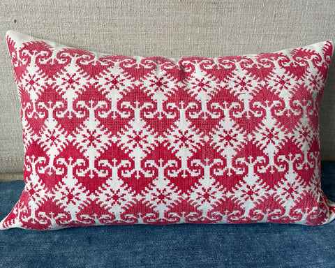 vintage red cross stitch cushion rectangular couch pillow hungarian folk textile hand made