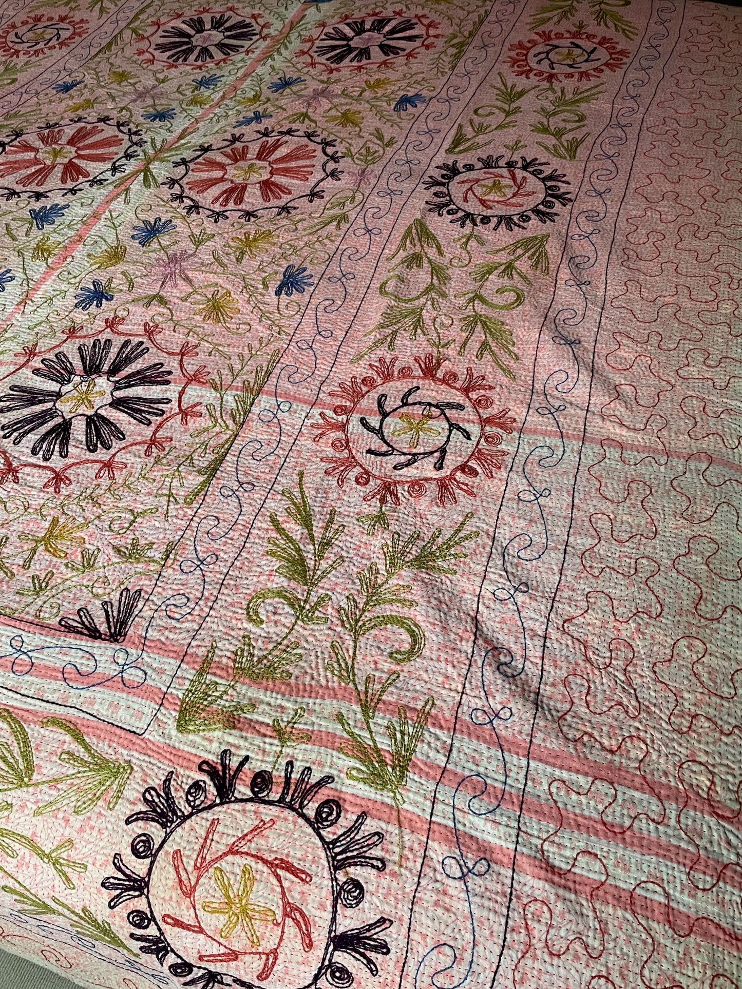 
                  
                    pink blue suzani embroidered kantha quilt large sofa throw washable cotton comforter bedspread
                  
                